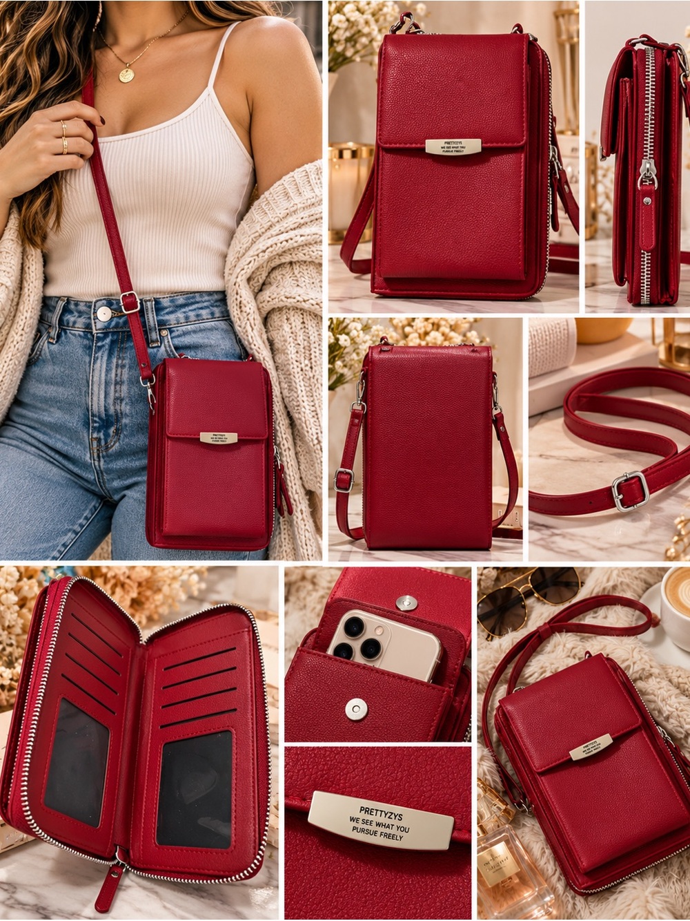 Prettyzys Crossbody Phone Bag Red Leather Wallet